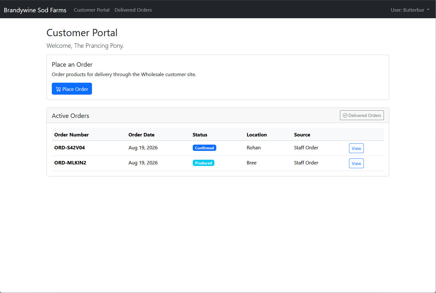 Customer portal showing active orders and a place-order action