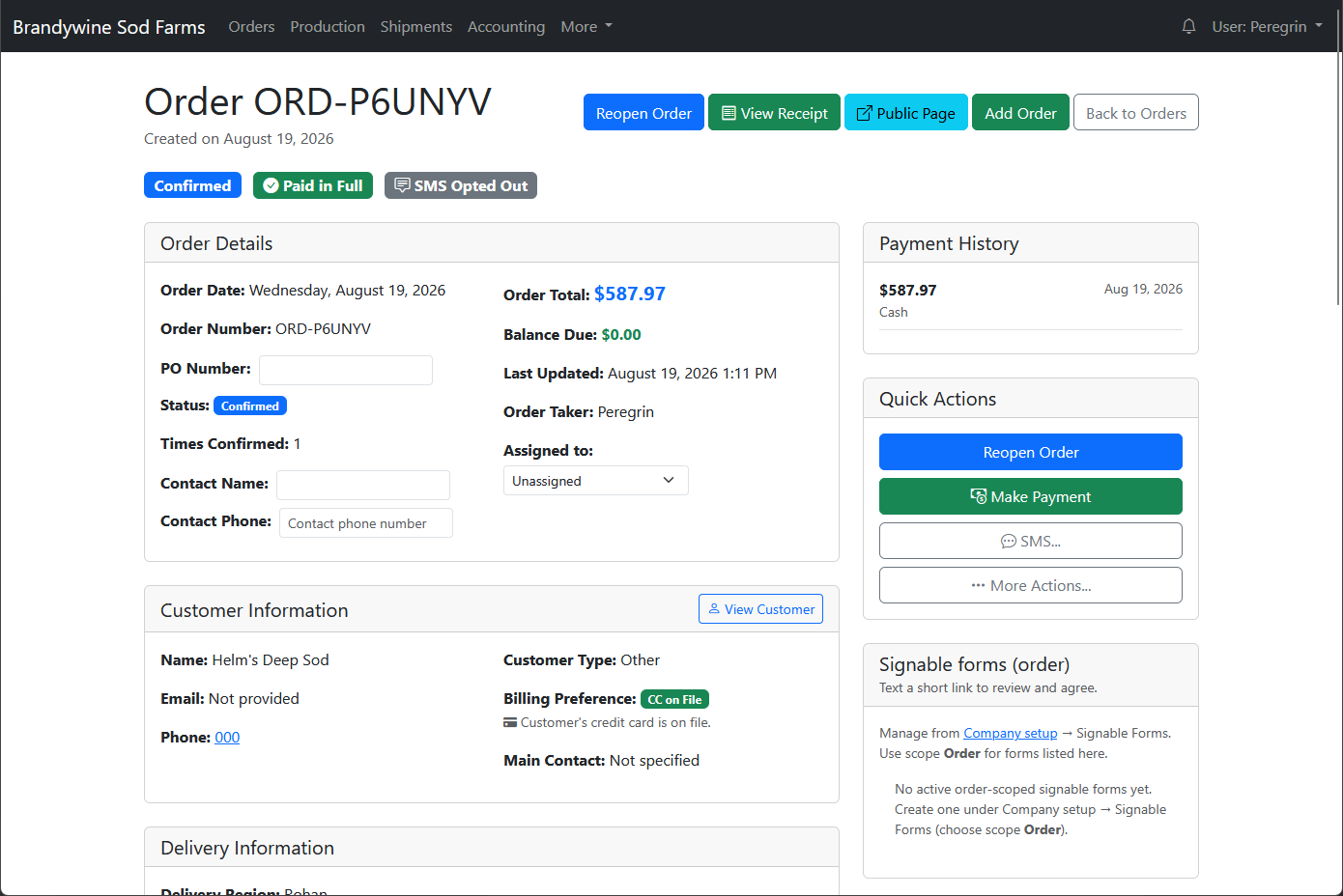 Order detail with line items, delivery, and payment status