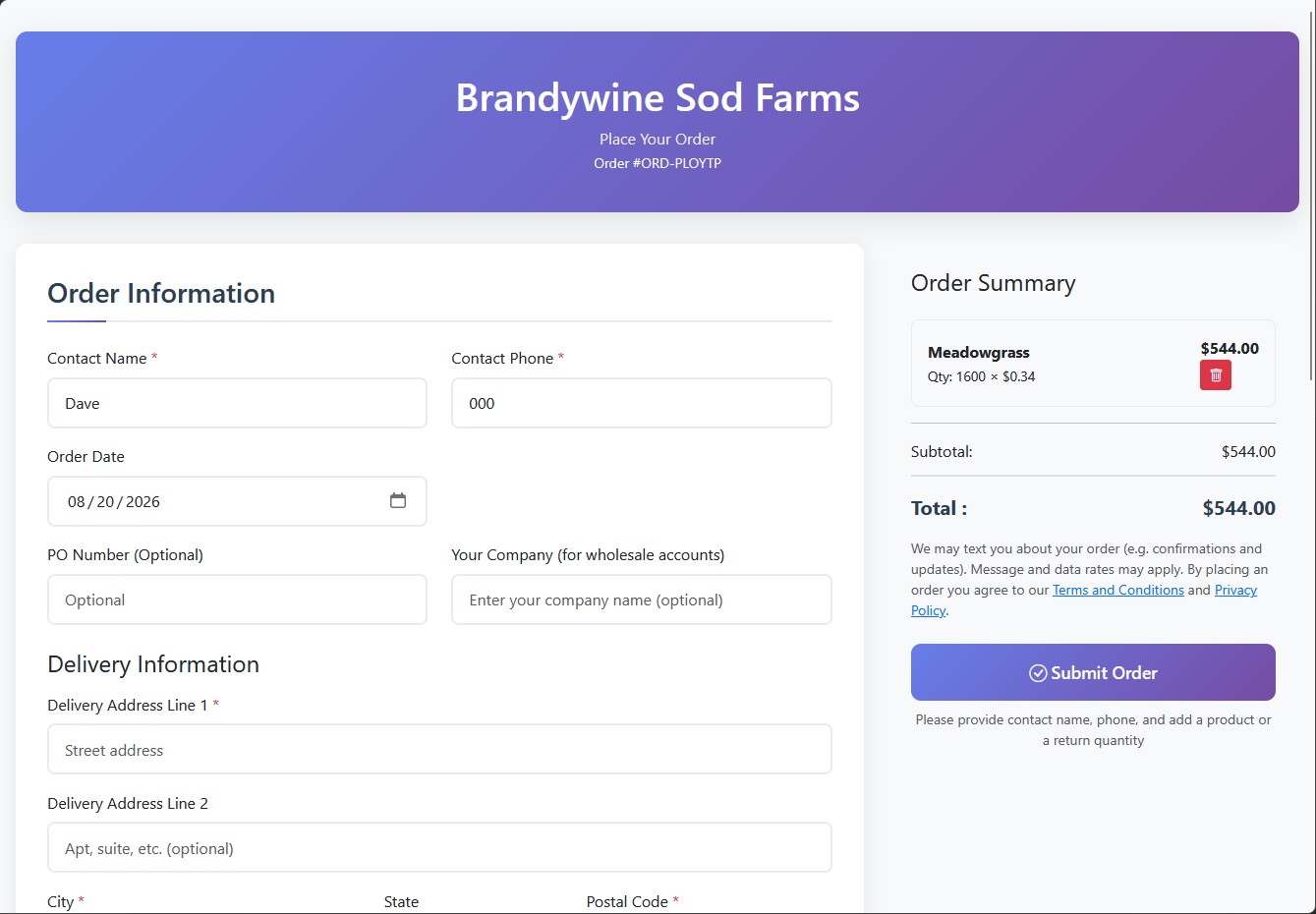 Public online order form with a guest cart and delivery details